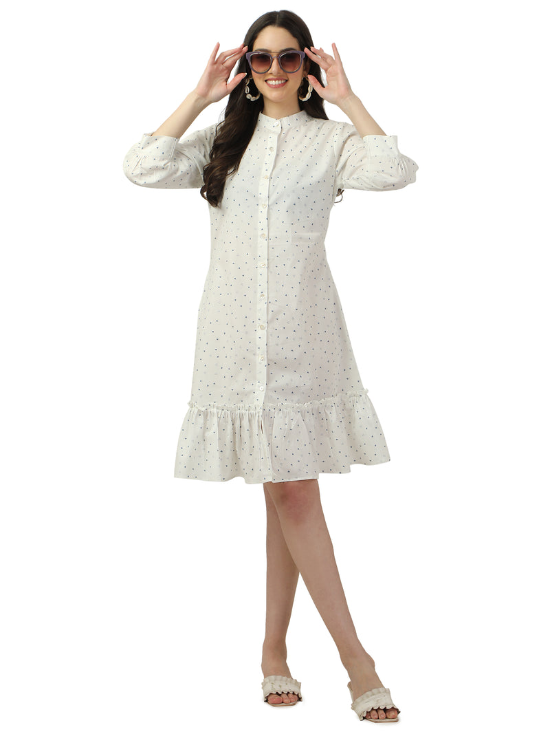 COTTON A-LINE PRINTED WHITE DRESS