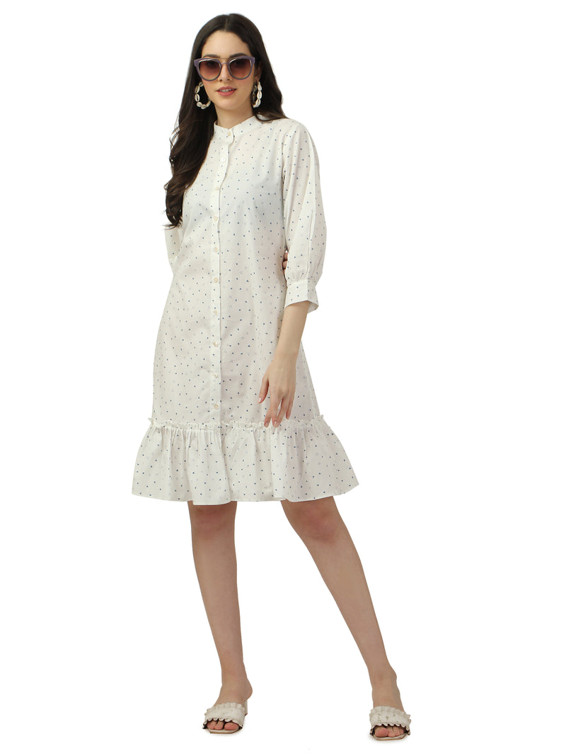 COTTON A-LINE PRINTED WHITE DRESS