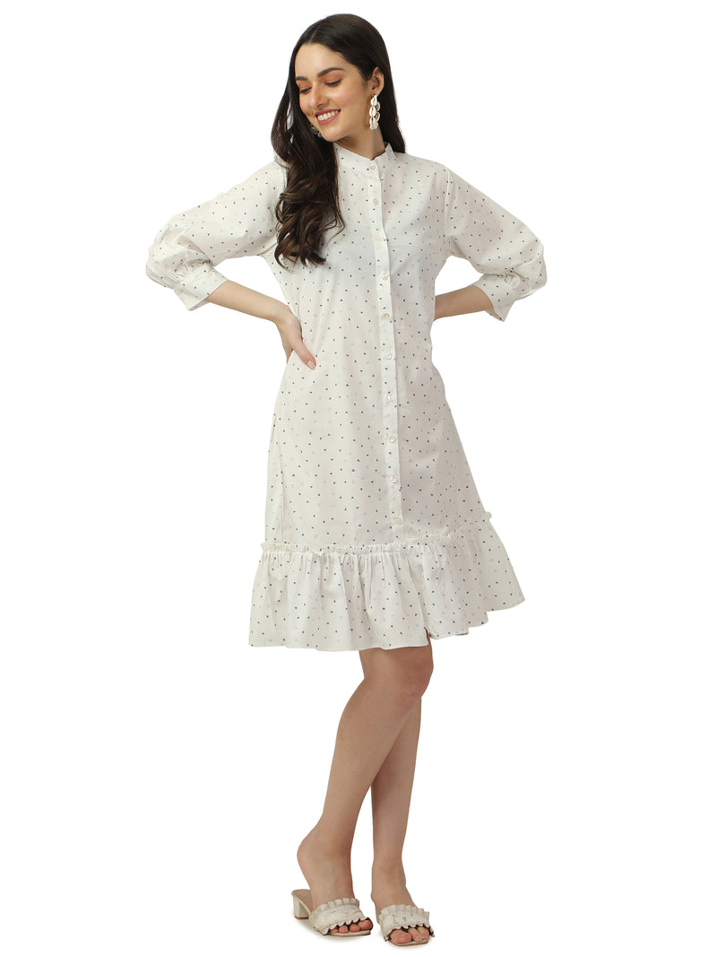 COTTON A-LINE PRINTED WHITE DRESS