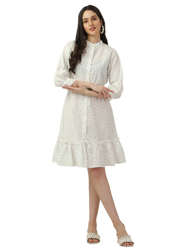 COTTON A-LINE PRINTED WHITE DRESS