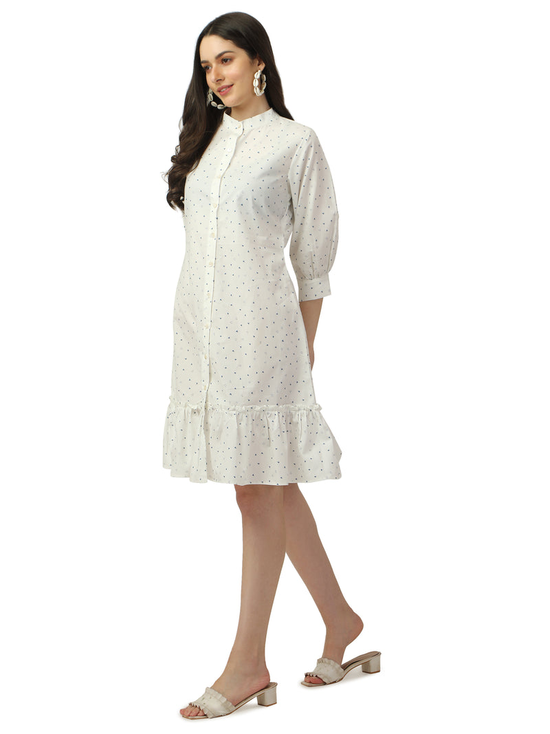 COTTON A-LINE PRINTED WHITE DRESS