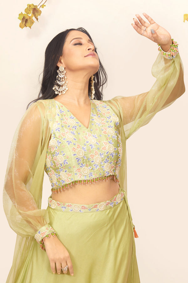 PASTEL GREEN PEARL EMBROIDERED LEHENGA SET