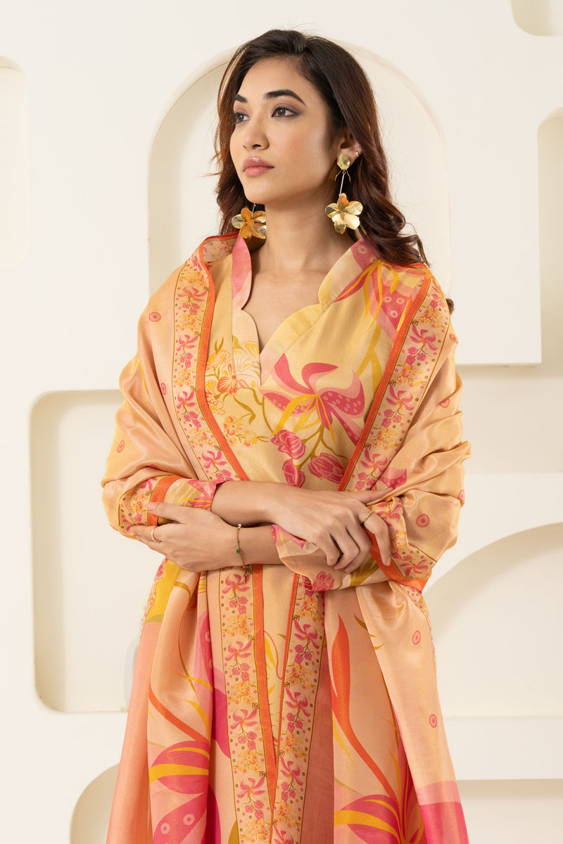 FLORAL EMBROIDERED GOLD TISSUE KURTA SET