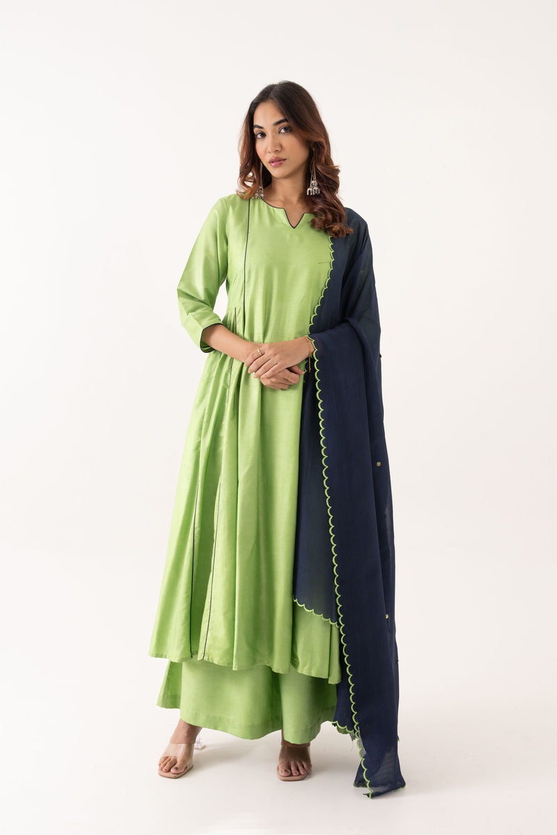 GREEN SILK ANARKALI KURTA SET