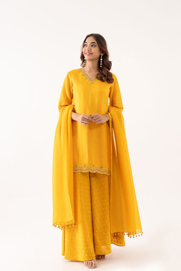 YELLOW BOOTI SILK KURTA SET