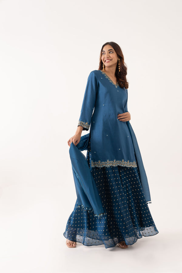 BLUE BOOTI SILK KURTA SET