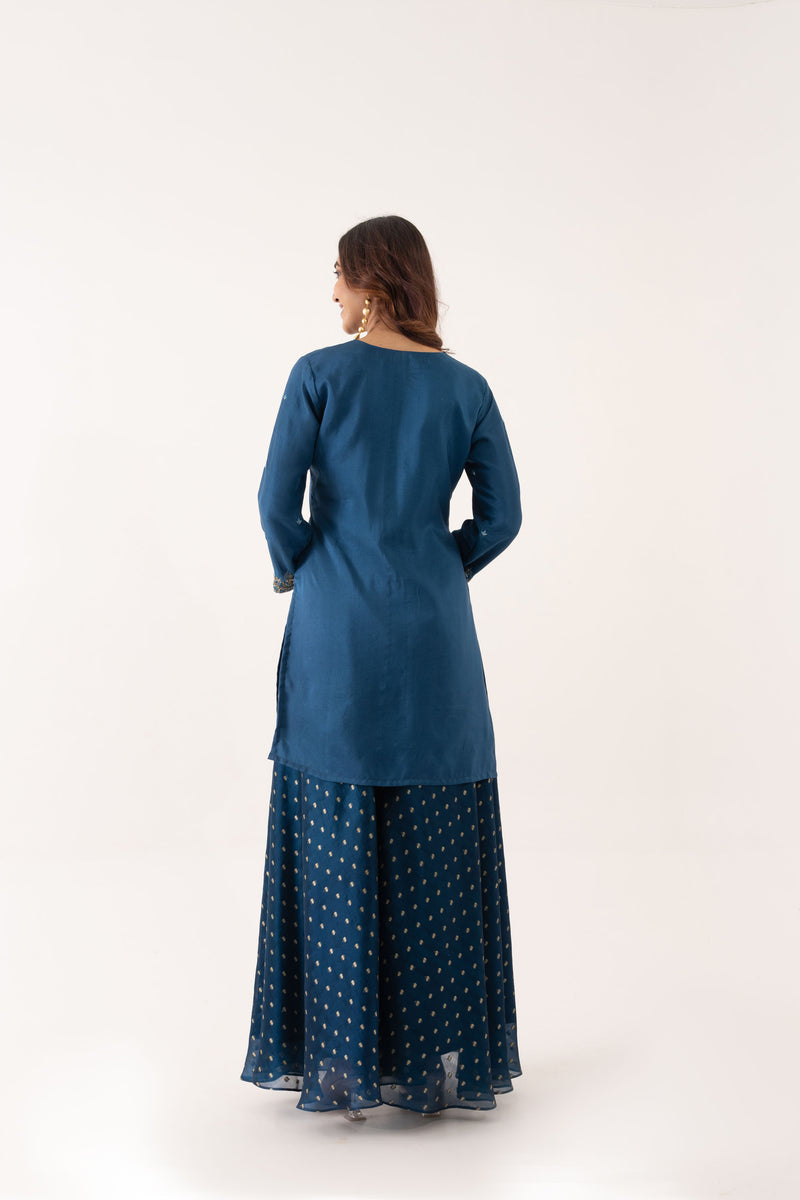 BLUE BOOTI SILK KURTA SET