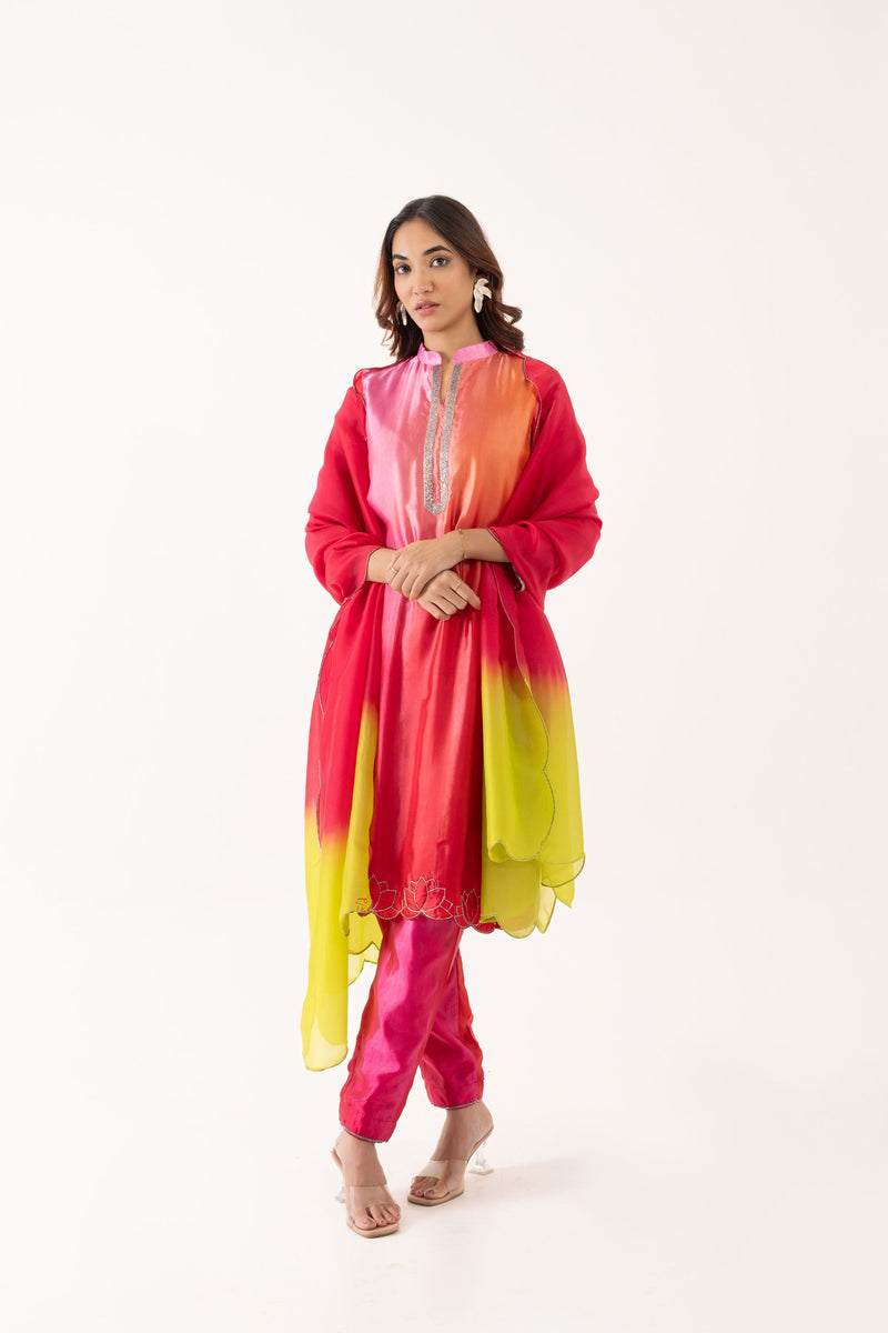 LOTUS EMBROIDERED SHADED KURTA BOTTOM SET