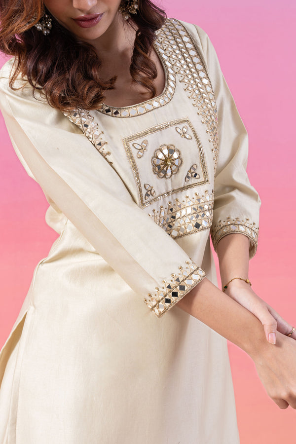 CREAM MIRROR WORK KURTA & FLARED BOTTOM SET