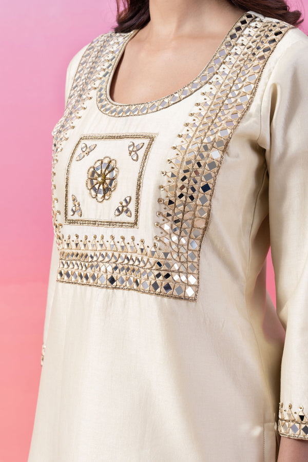 CREAM MIRROR WORK KURTA & FLARED BOTTOM SET