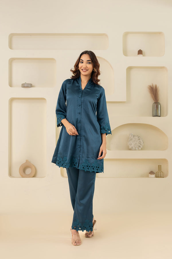 BLUE CUT WORK TUNIC AND BOTTOM SET