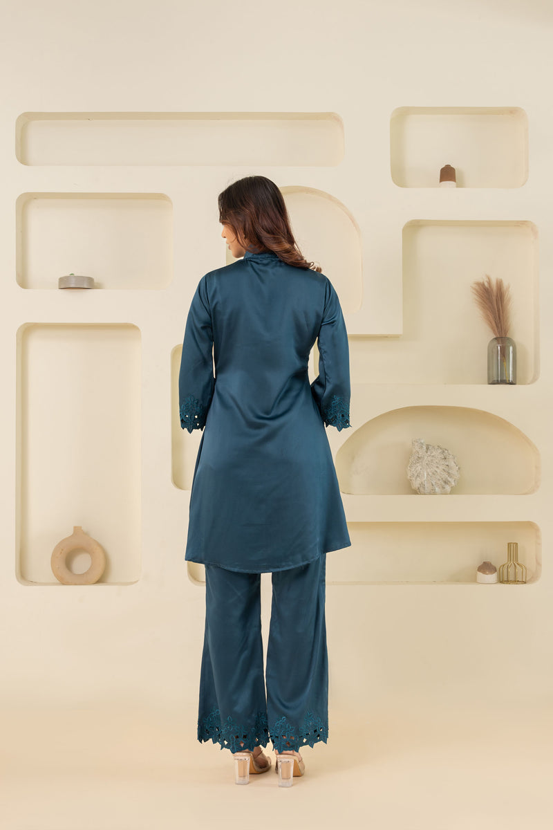 BLUE CUT WORK TUNIC AND BOTTOM SET