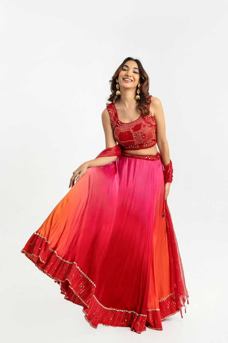 RED SHADED LEHNGA SET